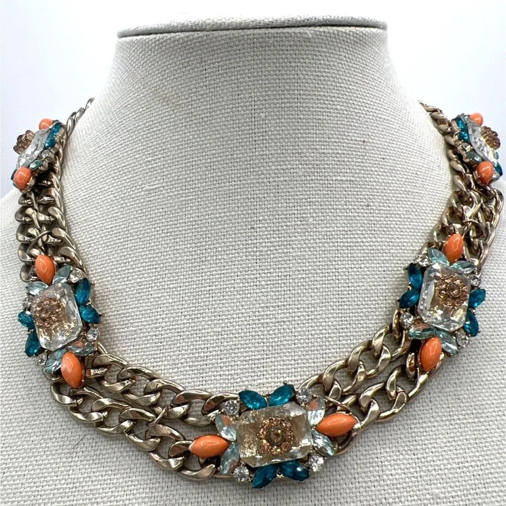 Double Chain Chunky‎ Rhinestones Necklace Orange Teal Gold Tone Biker Babe Funky
